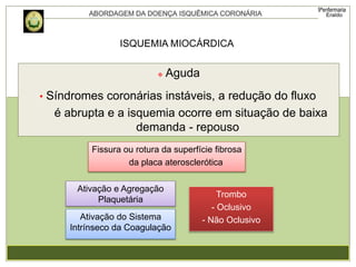 ISQUEMIA MIOCÁRDICA
 Aguda
• Síndromes coronárias instáveis, a redução do fluxo
é abrupta e a isquemia ocorre em situação de baixa
demanda - repouso
Fissura ou rotura da superfície fibrosa
da placa aterosclerótica
Ativação e Agregação
Plaquetária
Ativação do Sistema
Intrínseco da Coagulação
Trombo
- Oclusivo
- Não Oclusivo
 