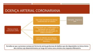 DOENÇA ARTERIAL CORONARIANA
Doença arterial
coronariana (DAC)
Tipo mais prevalente de doença
cardiovascular em adultos;
Exemplos: Anginas e
IAM
É importante que a enfermagem se
familiarize com as várias
manifestações das patologias da
artéria coronária e
com os métodos de avaliação,
prevenção e tratamento desse
distúrbios.
 