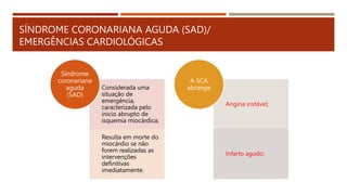 SÍNDROME CORONARIANA AGUDA (SAD)/
EMERGÊNCIAS CARDIOLÓGICAS
Considerada uma
situação de
emergência,
caracterizada pelo
inicio abrupto de
isquemia miocárdica;
Resulta em morte do
miocárdio se não
forem realizadas as
intervenções
definitivas
imediatamente.
Síndrome
coronariana
aguda
(SAD)
Angina instável;
Infarto agudo;
A SCA
abrange
 