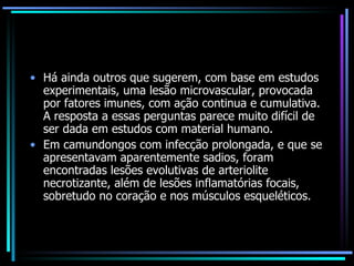 Há ainda outros que sugerem, com base em estudos experimentais, uma lesão microvascular, provocada por fatores imunes, com ação continua e cumulativa. A resposta a essas perguntas parece muito difícil de ser dada em estudos com material humano.  Em camundongos com infecção prolongada, e que se apresentavam aparentemente sadios, foram encontradas lesões evolutivas de arteriolite necrotizante, além de lesões inflamatórias focais, sobretudo no coração e nos músculos esqueléticos.  