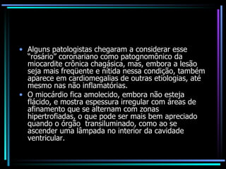 Alguns patologistas chegaram a considerar esse “rosário” coronariano como patognomônico da miocardite crônica chagásica, mas, embora a lesão seja mais freqüente e nítida nessa condição, também aparece em cardiomegalias de outras etiologias, até mesmo nas não inflamatórias. O miocárdio fica amolecido, embora não esteja flácido, e mostra espessura irregular com áreas de afinamento que se alternam com zonas hipertrofiadas, o que pode ser mais bem apreciado quando o órgão  transiluminado, como ao se ascender uma lâmpada no interior da cavidade ventricular. 