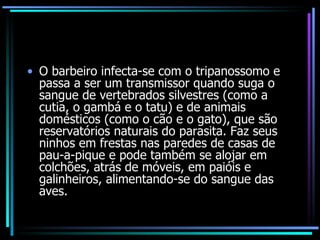 O barbeiro infecta-se com o tripanossomo e passa a ser um transmissor quando suga o sangue de vertebrados silvestres (como a cutia, o gambá e o tatu) e de animais domésticos (como o cão e o gato), que são reservatórios naturais do parasita. Faz seus ninhos em frestas nas paredes de casas de pau-a-pique e pode também se alojar em colchões, atrás de móveis, em paióis e galinheiros, alimentando-se do sangue das aves. 