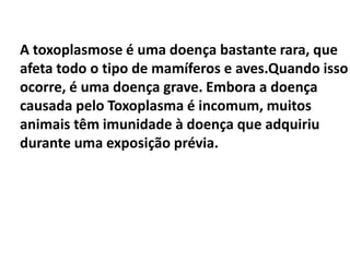 A toxoplasmose é uma doença bastante rara, que
afeta todo o tipo de mamíferos e aves.Quando isso
ocorre, é uma doença grave. Embora a doença
causada pelo Toxoplasma é incomum, muitos
animais têm imunidade à doença que adquiriu
durante uma exposição prévia.
 