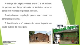 A doença de Chagas acomete entre 12 e 14 milhões
de pessoas em larga extensão na América Latina e
cerca de 8 milhões de pessoas no Brasil.
Principalmente população pobre que reside em
condições precárias.
É Considerada a 4º doença de maior impacto na
saúde pública do nosso país.
Profª Monara Bittencourt de Amorim
Bioquímica-Citologista
bittencourt.monara7@gmail.com
84 9985 8153
 