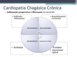 Cardiopatia Chagásica Crônica
• Inflamação progressiva e fibrosante do miocárdio.
• Trombos
• Aneurisma
apical
• Arritmias
• Remodelamento
ventricular
• Infiltrado
inflamatório
IMUNOLÓGICO INFLAMATÓRIO
MICROCIRCULATÓRIONEUROGÊNICO
 