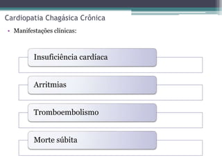 Cardiopatia Chagásica Crônica
• Manifestações clínicas:
Insuficiência cardíaca
Arritmias
Tromboembolismo
Morte súbita
 