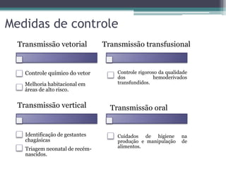 Medidas de controle
Transmissão vetorial
Controle químico do vetor
Melhoria habitacional em
áreas de alto risco.
Transmissão transfusional
Controle rigoroso da qualidade
dos hemoderivados
transfundidos.
Transmissão vertical
Identificação de gestantes
chagásicas
Triagem neonatal de recém-
nascidos.
Transmissão oral
Cuidados de higiene na
produção e manipulação de
alimentos.
 