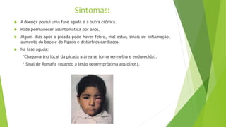 Sintomas:
 A doença possui uma fase aguda e a outra crônica.
 Pode permanecer assintomática por anos.
 Alguns dias após a picada pode haver febre, mal estar, sinais de inflamação,
aumento do baço e do fígado e distúrbios cardíacos.
 Na fase aguda:
*Chagoma (no local da picada a área se torna vermelha e endurecida).
* Sinal de Romaña (quando a lesão ocorre próxima aos olhos).
 