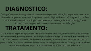 DIAGNOSTICO:
O diagnóstico na fase aguda está caracterizado pela visualização do parasita no exame
direto de sangue ao microscópio (provas parasitológicas diretas). O diagnóstico na fase
crônica é feito usando sorologia para detectar a presença de anticorpos (IgG anti-
T.cruzi) como resposta do sistema imune contra a infecção.
TRATAMENTO:
O tratamento específico pode ser realizado com benznidazol, (medicamento de primeira
escolha) ou nifurtimox (que não está disponível no Brasil) e tem uma duração média de
60 dias. Quanto mais cedo for feito o tratamento, maiores são as chances de cura da
pessoa infectada. Uma pessoa infectada que seja diagnosticada na fase aguda e receba o
tratamento adequado tem aproximadamente 100% de chance de cura.
 