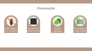 Prevenção
Evite contato
com o barbeiro
Use telas em
portas e janelas
Consuma
alimentos
higienizados
Teste sangue e
órgãos doados
 