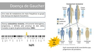 Doença de Gaucher
Erro inato de metabolismo de maior frequência no grupo
das doenças de depósito lisossómico.
Doença autossómica recessiva, clinicamente heterogénea,
progressiva, e definida pela presença de dois alelos
mutados no gene da glicocerebrosidase (GBA).
Risco
de
25%
1q21
Fig.8: transmissão da DG numa família cujos
progenitores são portadores
 