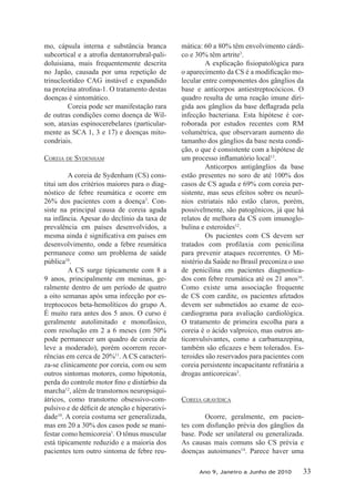 mo, cápsula interna e substância branca
-
doluisiana, mais frequentemente descrita
no Japão, causada por uma repetição de
trinucleotídeo CAG instável e expandido
doenças é sintomático.
Coreia pode ser manifestação rara
de outras condições como doença de Wil-
son, ataxias espinocerebelares (particular-
mente as SCA 1, 3 e 17) e doenças mito-
condriais.
COREIA DE syDENhAM
A coreia de Sydenham (CS) cons-
titui um dos critérios maiores para o diag-
nóstico de febre reumática e ocorre em
26% dos pacientes com a doença3
. Con-
siste na principal causa de coreia aguda
na infância. Apesar do declínio da taxa de
prevalência em países desenvolvidos, a
desenvolvimento, onde a febre reumática
permanece como um problema de saúde
pública10
.
A CS surge tipicamente com 8 a
9 anos, principalmente em meninas, ge-
ralmente dentro de um período de quatro
a oito semanas após uma infecção por es-
treptococos beta-hemolíticos do grupo A.
É muito rara antes dos 5 anos. O curso é
geralmente autolimitado e monofásico,
com resolução em 2 a 6 meses (em 50%
pode permanecer um quadro de coreia de
leve a moderado), porém ocorrem recor-
rências em cerca de 20%11
. A CS caracteri-
za-se clinicamente por coreia, com ou sem
outros sintomas motores, como hipotonia,
marcha12
, além de transtornos neuropsiqui-
átricos, como transtorno obsessivo-com-
-
dade10
. A coreia costuma ser generalizada,
mas em 20 a 30% dos casos pode se mani-
festar como hemicoreia1
. O tônus muscular
está tipicamente reduzido e a maioria dos
pacientes tem outro sintoma de febre reu-
mática: 60 a 80% têm envolvimento cárdi-
co e 30% têm artrite3
.
-
lecular entre componentes dos gânglios da
base e anticorpos antiestreptocócicos. O
quadro resulta de uma reação imune diri-
infecção bacteriana. Esta hipótese é cor-
roborada por estudos recentes com RM
volumétrica, que observaram aumento do
tamanho dos gânglios da base nesta condi-
ção, o que é consistente com a hipótese de
13
.
Anticorpos antigânglios da base
estão presentes no soro de até 100% dos
casos de CS aguda e 69% com coreia per-
sistente, mas seus efeitos sobre os neurô-
nios estriatais não estão claros, porém,
possivelmente, são patogênicos, já que há
relatos de melhora da CS com imunoglo-
bulina e esteroides12
.
Os pacientes com CS devem ser
para prevenir ataques recorrentes. O Mi-
nistério da Saúde no Brasil preconiza o uso
de penicilina em pacientes diagnostica-
dos com febre reumática até os 21 anos10
.
Como existe uma associação frequente
de CS com cardite, os pacientes afetados
devem ser submetidos ao exame de eco-
cardiograma para avaliação cardiológica.
O tratamento de primeira escolha para a
coreia é o ácido valproico, mas outros an-
ticonvulsivantes, como a carbamazepina,
-
teroides são reservados para pacientes com
coreia persistente incapacitante refratária a
drogas anticoreicas3
.
COREIA gRAVíDICA
Ocorre, geralmente, em pacien-
tes com disfunção prévia dos gânglios da
base. Pode ser unilateral ou generalizada.
As causas mais comuns são CS prévia e
doenças autoimunes14
. Parece haver uma
Ano 9, Janeiro a Junho de 2010 33
 