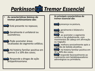 Parkinson                         Tremor Essencial
• As características básicas do             As principais características do
  tremor parkinsoniano são:                 tremor essencial são:

                                                  presença na postura,
     Está presente no repouso;
                                                    geralmente é bilateral e
     Geralmente é unilateral ou             simétrico;
   assimétrico;                                     ao acometer o segmento
                                            cefálico o faz globalmente, com
                                            movimentos de cabeça em afirmação
     Pode acometer áreas                    ou negação;
   localizadas do segmento cefálico;                melhora sensivelmente após a
                                            ingestão de bebida alcoólica;
     Há história familiar positiva em               há história familiar positiva em
   apenas 5 a 10% dos casos;                30 a 40% dos casos;
                                                   responde favoravelmente ao
                                            tratamento com betabloqueadores
     Responde a drogas de ação              adrenérgicos ou primidona.
   antiparkinsoniana.
 