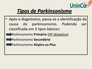 Tipos de Parkinsonismo
• Após o diagnóstico, passa-se a identificação da
  causa do parkinsonismo. Podendo ser
  classificada em 3 tipos básicos:
   Parkinsonismo Primário (DP idiopática)
   Parkinsonismo Secundário
   Parkinsonismo Atípico ou Plus
 