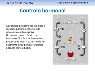      Doença de HashimotoFilipe Galvão  e  Lourenço PalhaControlo hormonal  A produção de hormonas tiróideas é regulada por um mecanismo de retroalimentação negativa. No entanto, para o fabrico de hormonas T3 e T4 é indispensável a presença de iodo. A sua carência no organismo pode provocar algumas doenças como o bócio.   