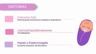 Icterícia/Hiperbilirrubinemia
Encefalopatia
Hepato e Esplenomegalia
Aumento excessivo da bilirrubina
Anemia grave,insuficiencia cardiaca e respiratoria.
Hidropisia fetal
SINTOMAS
 
