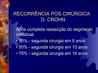 RECORRÊNCIA PÓS CIRÚRGICA
D. CROHN
Após completa ressecção do segmento
intestinal:
• 20% - segunda cirurgia em 5 anos
• 50% - segunda cirurgia em 10 anos
• 75% - segunda cirurgia em 15 anos
 