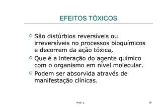 Prof. L 18
EFEITOS TÓXICOS
 São distúrbios reversíveis ou
irreversíveis no processos bioquímicos
e decorrem da ação tóxica,
 Que é a interação do agente químico
com o organismo em nível molecular.
 Podem ser absorvida através de
manifestação clínicas.
 