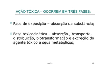 Prof. L 19
AÇÃO TÓXICA – OCORREM EM TRÊS FASES:
 Fase de exposição – absorção da substância;
 Fase toxicocinética – absorção , transporte,
distribuição, biotransformação e excreção do
agente tóxico e seus metabólicos;
 