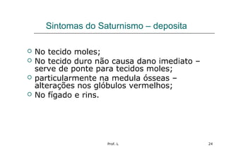 Prof. L 24
Sintomas do Saturnismo – deposita
 No tecido moles;
 No tecido duro não causa dano imediato –
serve de ponte para tecidos moles;
 particularmente na medula ósseas –
alterações nos glóbulos vermelhos;
 No fígado e rins.
 
