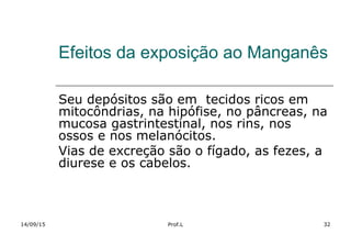 Efeitos da exposição ao Manganês
Seu depósitos são em tecidos ricos em
mitocôndrias, na hipófise, no pâncreas, na
mucosa gastrintestinal, nos rins, nos
ossos e nos melanócitos.
Vias de excreção são o fígado, as fezes, a
diurese e os cabelos.
14/09/15 Prof.L 32
 