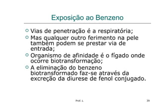 Prof. L 39
Exposição ao Benzeno
 Vias de penetração é a respiratória;
 Mas qualquer outro ferimento na pele
também podem se prestar via de
entrada;
 Organismo de afinidade é o fígado onde
ocorre biotransformação;
 A eliminação do benzeno
biotransformado faz-se através da
excreção da diurese de fenol conjugado.
 