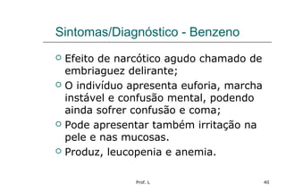 Prof. L 40
Sintomas/Diagnóstico - Benzeno
 Efeito de narcótico agudo chamado de
embriaguez delirante;
 O indivíduo apresenta euforia, marcha
instável e confusão mental, podendo
ainda sofrer confusão e coma;
 Pode apresentar também irritação na
pele e nas mucosas.
 Produz, leucopenia e anemia.
 