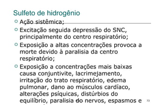 Prof. L 73
Sulfeto de hidrogênio
 Ação sistêmica;
 Excitação seguida depressão do SNC,
principalmente do centro respiratório;
 Exposição a altas concentrações provoca a
morte devido à paralisia da centro
respiratório;
 Exposição a concentrações mais baixas
causa conjuntivite, lacrimejamento,
irritação do trato respiratório, edema
pulmonar, dano ao músculos cardíaco,
alterações psíquicas, distúrbios do
equilíbrio, paralisia do nervos, espasmos e
 