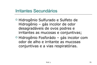 Prof. L 79
Irritantes Secundários
 Hidrogênio Sulfurado e Sulfeto de
Hidrogênio – gás incolor de odor
desagradáveis de ovos podres e
irritantes as mucosas e conjuntivas;
 Hidrogênio Fosforádo – gás incolor com
odor de alho e irritante as mucosas
conjuntivas e a vias respiratórias.
 