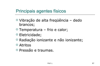 Prof. L 87
Principais agentes físicos
 Vibração de alta freqüência – dedo
brancos;
 Temperatura – frio e calor;
 Eletricidade;
 Radiação ionizante e não ionizante;
 Atritos
 Pressão e traumas.
 