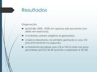Resultados
Oxigenação:
 SpO2=86-100%, <90% em apenas dois pacientes (um
deles em exercício).
 3 mulheres usaram oxigênio (4 gestações)
 a lúpica dessaturou na primeira gestação e usou O2
preventivamente na segunda.
 a miastenia+escoliose usou O2 e VNI à noite nas duas
gravidezes (pCO2 36-40 quando o esperado é 30-32).
 