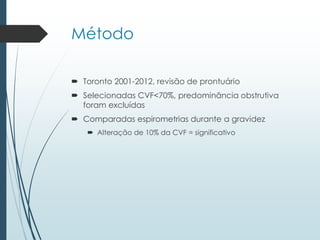 Método
 Toronto 2001-2012, revisão de prontuário
 Selecionadas CVF<70%, predominância obstrutiva
foram excluídas
 Comparadas espirometrias durante a gravidez
 Alteração de 10% da CVF = significativo
 