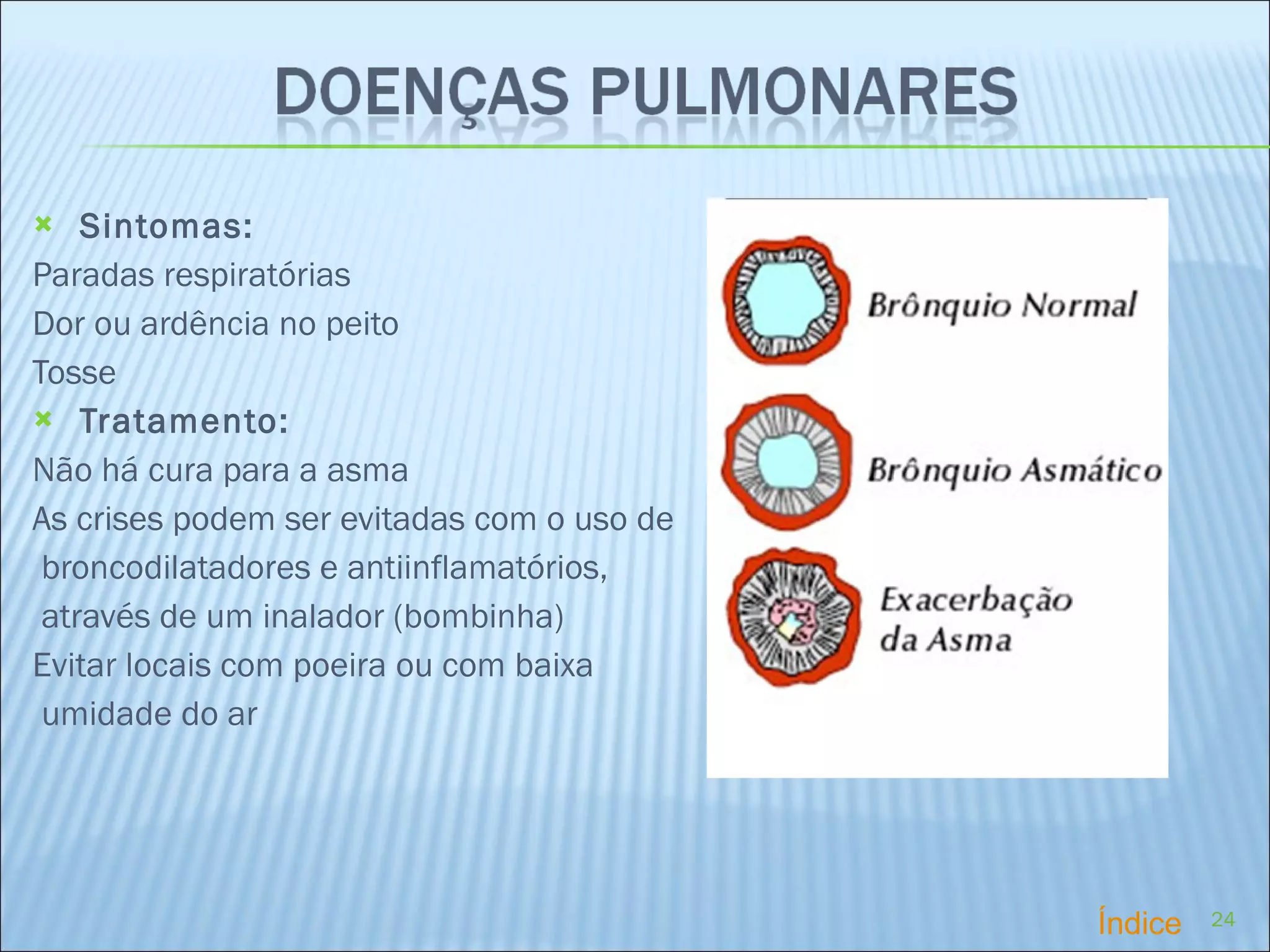 Sintomas: Paradas respiratórias Dor ou ardência no peito Tosse  Tratamento: Não há cura para a asma As crises podem ser evitadas com o uso de broncodilatadores e antiinflamatórios, através de um inalador (bombinha) Evitar locais com poeira ou com baixa umidade do ar Índice 