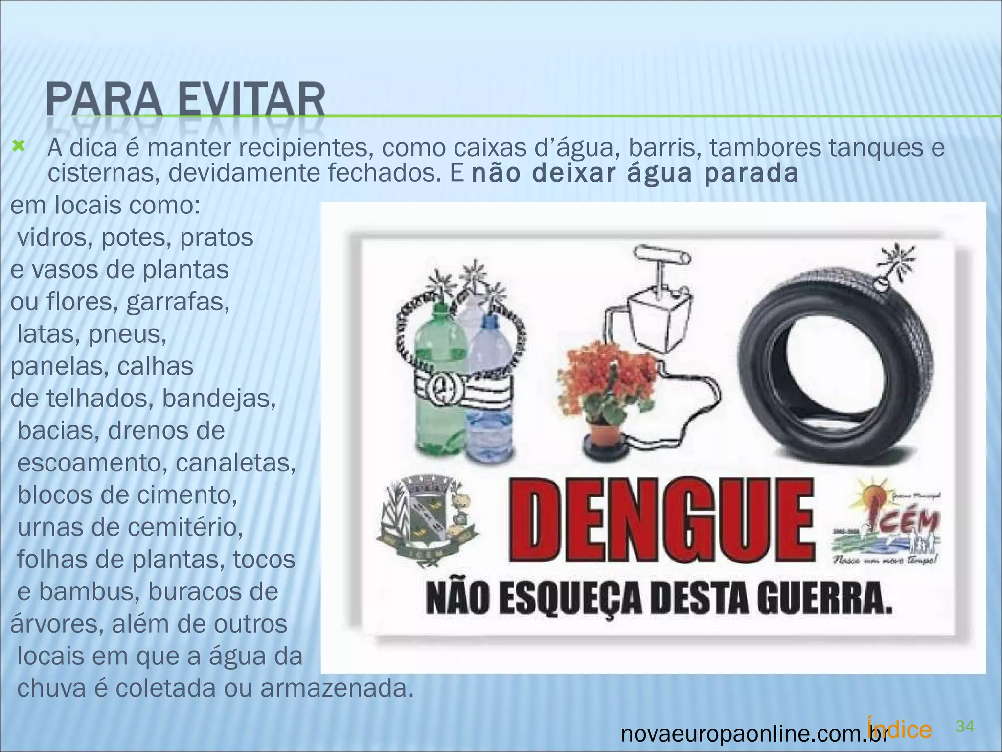 A dica é manter recipientes, como caixas d’água, barris, tambores tanques e cisternas, devidamente fechados. E  não deixar água parada   em locais como: vidros, potes, pratos  e vasos de plantas  ou flores, garrafas, latas, pneus,  panelas, calhas  de telhados, bandejas, bacias, drenos de escoamento, canaletas, blocos de cimento, urnas de cemitério, folhas de plantas, tocos e bambus, buracos de  árvores, além de outros locais em que a água da chuva é coletada ou armazenada. novaeuropaonline.com.br Índice 