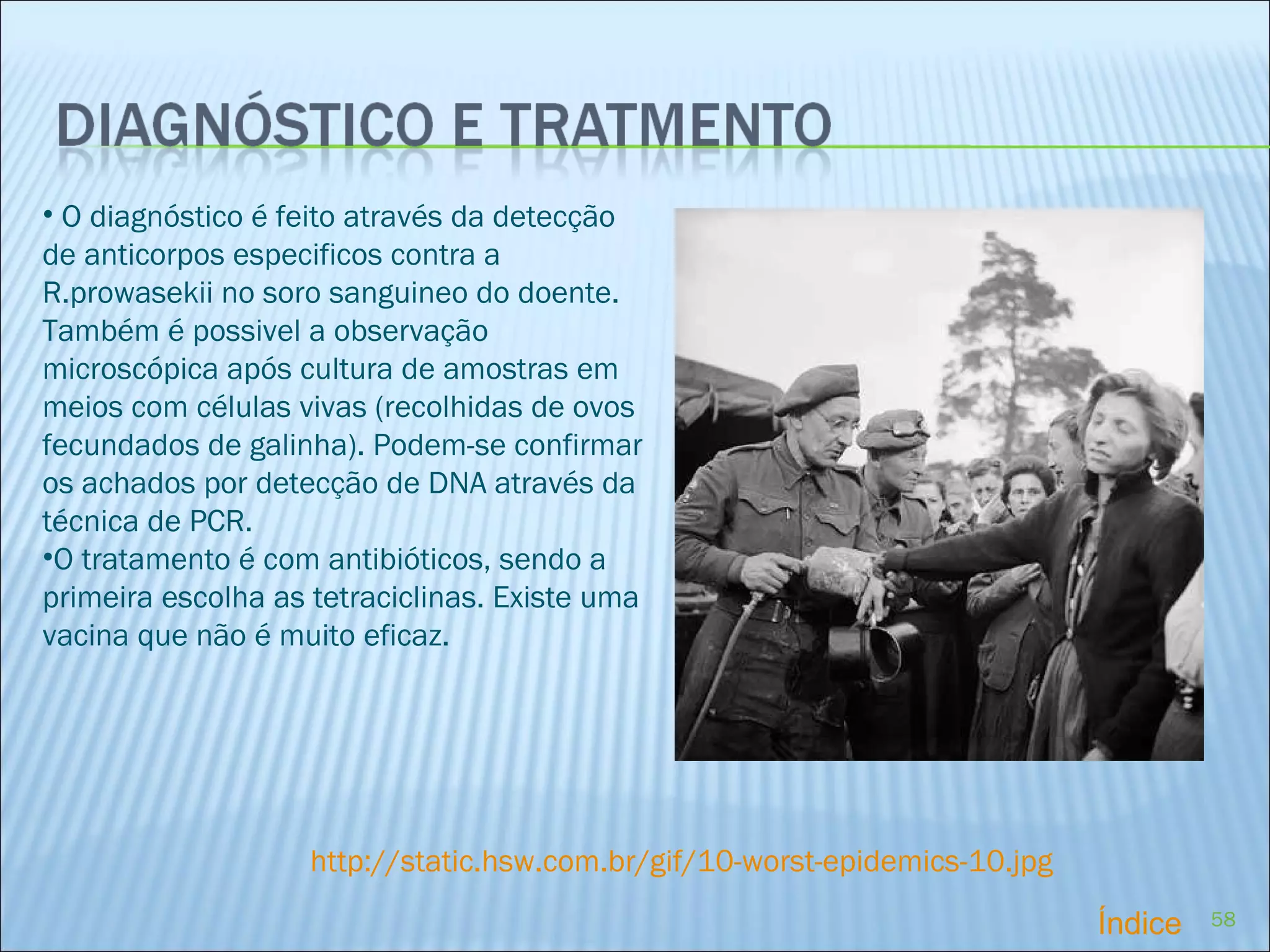 http://static.hsw.com.br/gif/10-worst-epidemics-10.jpg   O diagnóstico é feito através da detecção de anticorpos especificos contra a R.prowasekii no soro sanguineo do doente. Também é possivel a observação microscópica após cultura de amostras em meios com células vivas (recolhidas de ovos fecundados de galinha). Podem-se confirmar os achados por detecção de DNA através da técnica de PCR. O tratamento é com antibióticos, sendo a primeira escolha as tetraciclinas. Existe uma vacina que não é muito eficaz. Índice 