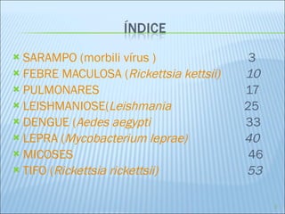 SARAMPO ( morbili  vírus )   3 FEBRE MACULOSA ( Rickettsia   kettsii )   10 PULMONARES   17  LEISHMANIOSE( Leishmania   25 DENGUE ( Aedes   aegypti   33 LEPRA ( Mycobacterium   leprae )    40 MICOSES   46 TIFO ( Rickettsia   rickettsii )      53 
