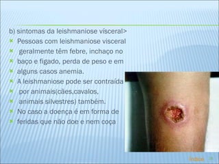 b) sintomas da leishmaniose vísceral> Pessoas com leishmaniose visceral geralmente têm febre, inchaço no  baço e figado, perda de peso e em  alguns casos anemia.  A leishmaniose pode ser contraída por animais(cães,cavalos, animais silvestres) também.  No caso a doença é em forma de  feridas que não doe e nem coça Índice 
