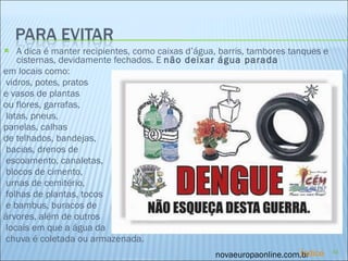 A dica é manter recipientes, como caixas d’água, barris, tambores tanques e cisternas, devidamente fechados. E  não deixar água parada   em locais como: vidros, potes, pratos  e vasos de plantas  ou flores, garrafas, latas, pneus,  panelas, calhas  de telhados, bandejas, bacias, drenos de escoamento, canaletas, blocos de cimento, urnas de cemitério, folhas de plantas, tocos e bambus, buracos de  árvores, além de outros locais em que a água da chuva é coletada ou armazenada. novaeuropaonline.com.br Índice 