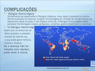 Dengue Hemorrágica Inicialmente se assemelha à Dengue Clássica, mas, após o terceiro ou quarto dia de evolução da doença, surgem hemorragias em virtude do sangramento de pequenos vasos na pelo e nos órgãos internos. A Dengue Hemorrágica pode provocar hemorragias nasais, gengivais, urinárias, gastrointestinais ou uterinas. Na  Dengue Hemorrágica ,  assim que os sintomas de febre acabam a pressão arterial do doente cai, o que pode gerar tontura, queda e choque.  Se a doença não for  tratada com rapidez,  pode levar à morte . companhiadavacina.com.br Índice 