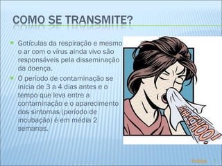 Gotículas da respiração e mesmo o ar com o vírus ainda vivo são responsáveis pela disseminação da doença. O período de contaminação se inicia de 3 a 4 dias antes e o tempo que leva entre a contaminação e o aparecimento dos sintomas (período de incubação) é em média 2 semanas. Índice 