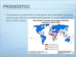 O sarampo é certamente a mais grave das chamadas doenças comuns de infância: complicações graves e morte ocorrem em até 3/1000 casos. http:// 2. bp . blogspot.com /_ZVpK02kSlkU/SjTV4yeAGnI/ AAAAAAAAAFo /7IPlU8uqppE/s400/ mapa_sarampo.gif Índice 