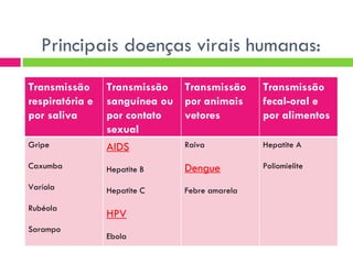 Principais doenças virais humanas: Transmissão respiratória e por saliva Transmissão sanguínea ou por contato sexual Transmissão por animais vetores Transmissão fecal-oral e por alimentos  Gripe Caxumba Varíola Rubéola Sarampo AIDS Hepatite B Hepatite C HPV Ebola Raiva Dengue Febre amarela Hepatite A Poliomielite 