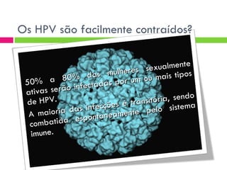 Os HPV são facilmente contraídos?  50% a 80% das mulheres sexualmente ativas serão infectadas por um ou mais tipos de HPV. A maioria das infecções é transitória, sendo combatida espontaneamente pelo sistema  imune. 