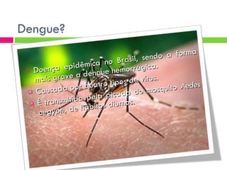 Dengue? Doença epidêmica no Brasil, sendo a forma mais grave a dengue hemorrágica. Causada por quatro tipos de vírus. É transmitida pela picada do mosquito  Aedes aegypti,  de hábitos diurnos. 