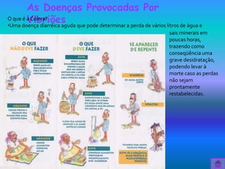 As Doenças Provocadas Por
        Vibriões
O que é a Cólera?
•Uma doença diarréica aguda que pode determinar a perda de vários litros de água e
                                                                    sais minerais em
                                                                    poucas horas,
                                                                    trazendo como
                                                                    conseqüência uma
                                                                    grave desidratação,
                                                                    podendo levar à
                                                                    morte caso as perdas
                                                                    não sejam
                                                                    prontamente
                                                                    restabelecidas.
 