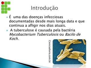  É uma das doenças infecciosas
documentadas desde mais longa data e que
continua a afligir nos dias atuais.
 A tuberculose é causada pela bactéria
Mycobacterium Tuberculosis ou Bacilo de
Koch.
Cienciadiaria.com.br
 
