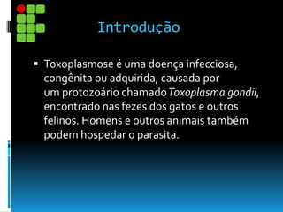 Introdução
 Toxoplasmose é uma doença infecciosa,
congênita ou adquirida, causada por
um protozoário chamadoToxoplasma gondii,
encontrado nas fezes dos gatos e outros
felinos. Homens e outros animais também
podem hospedar o parasita.
 