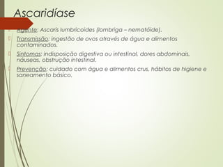 Ascaridíase 
 Agente: Ascaris lumbricoides (lombriga – nematóide). 
 Transmissão: ingestão de ovos através de água e alimentos 
contaminados. 
 Sintomas: indisposição digestiva ou intestinal, dores abdominais, 
náuseas, obstrução intestinal. 
 Prevenção: cuidado com água e alimentos crus, hábitos de higiene e 
saneamento básico. 
 