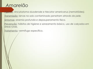 Amarelão 
 Agente: Ancylostoma duodenale e Necator americanus (nematóides). 
 Transmissão: larvas no solo contaminado penetram através da pele. 
 Sintomas: anemia profunda e depauperamento físico. 
 Prevenção: hábitos de higiene e saneamento básico, uso de calçados em 
áreas rurais. 
 Tratamento: vermífugo específico. 
 