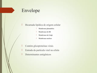 Envelope 
 Bicamada lipídica de origem celular 
 Membrana plasmática 
 Membrana do RE 
 Membrana do Golgi 
 Membrana nuclear 
 Contém glicoproteínas virais 
 Entrada da partícula viral na célula 
 Determinantes antigênicos 
 
